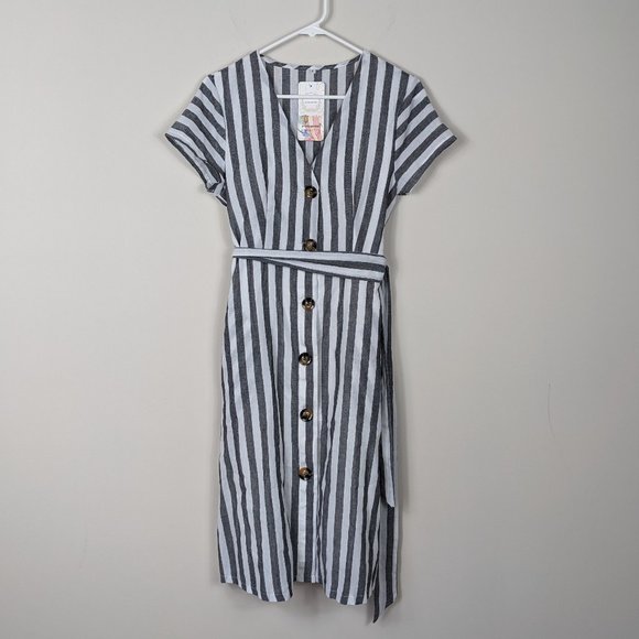 Pretty Garden Striped Button Up Lined Shirt Dress with Pockets and Belt - Picture 1 of 10